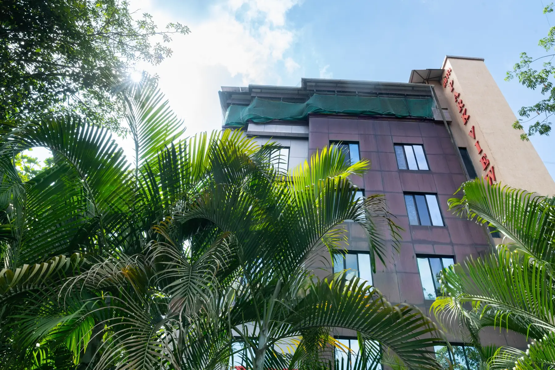 The Hotel Park View building seen through palm trees